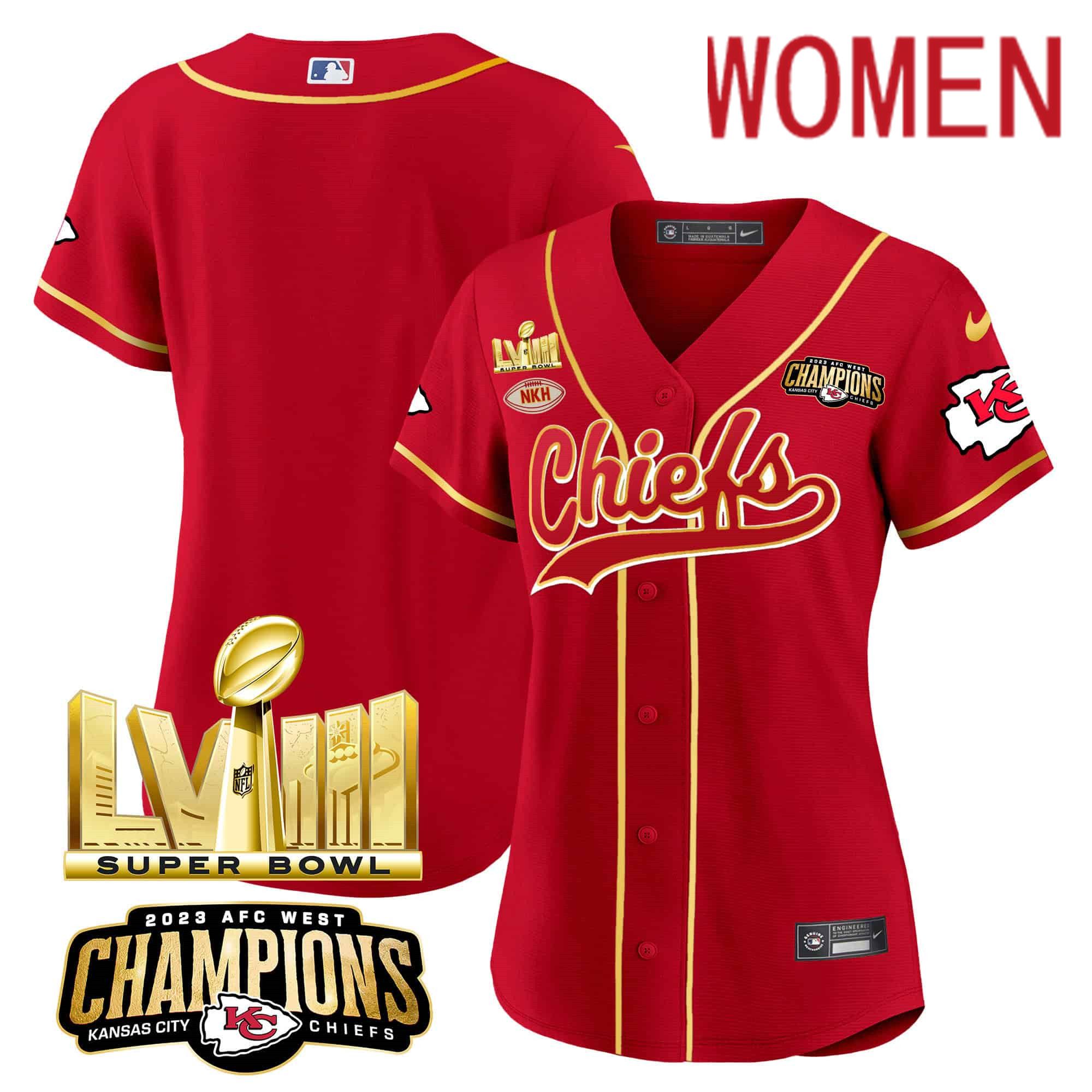 Women Kansas City Chiefs Blank Red 2024 Nike Super Bowl LVIII Back-2-Back Gold Patch Baseball NFL Jersey